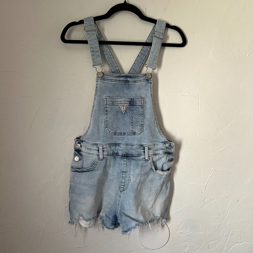 Y2K Guess‎ Denim Overall Shorts Light Wash Distressed Adjustable Straps Size S